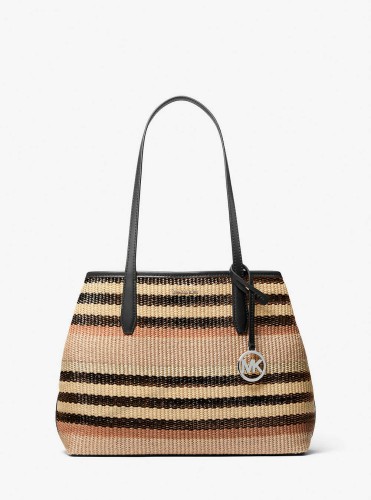 Michael Kors Avalon Medium Striped Woven Tote Bag Black – torebka damska tote pleciona w pasy z czarnymi rączkami
