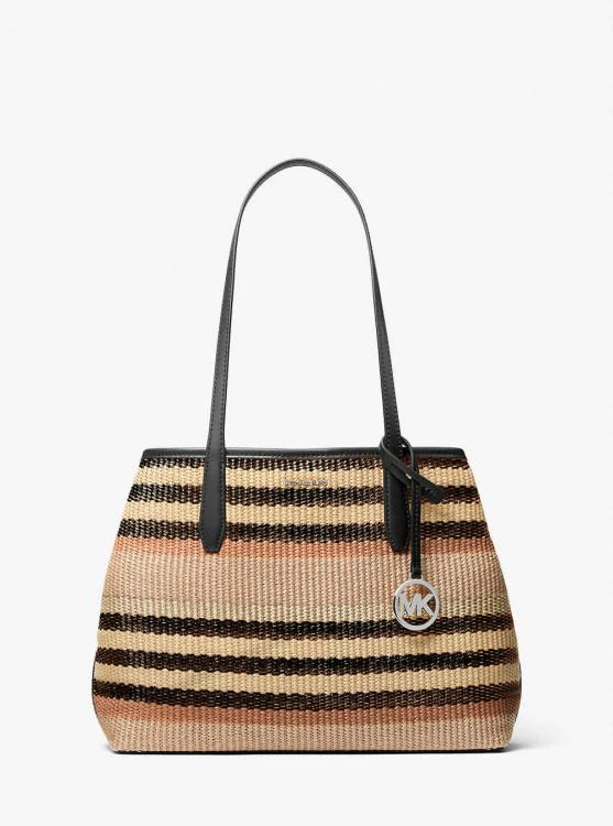 Michael Kors Avalon Medium Striped Woven Tote Bag Black – torebka damska tote pleciona w pasy z czarnymi rączkami