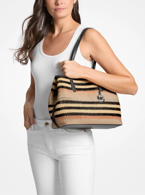 Michael Kors Avalon Medium Striped Woven Tote Bag Black – średnia torebka na ramię w czarno-beżowe pasy