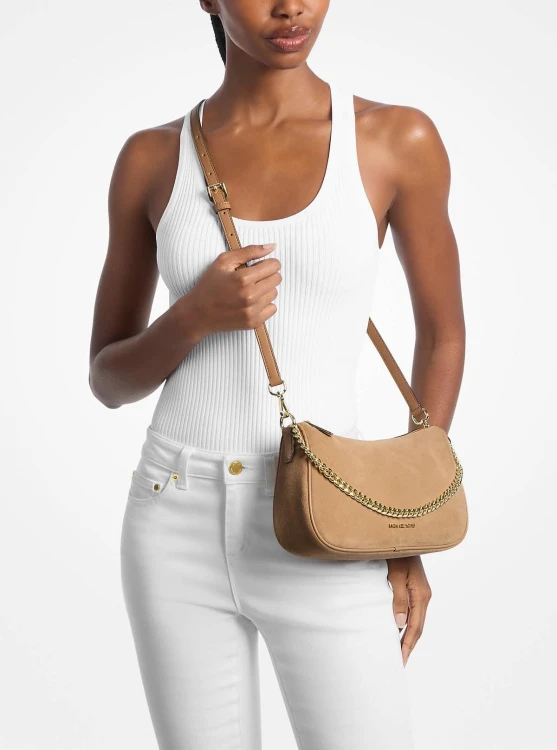 Michael Kors Carmela Medium Camel torebka z naturalnego zamszu z regulowanym paskiem