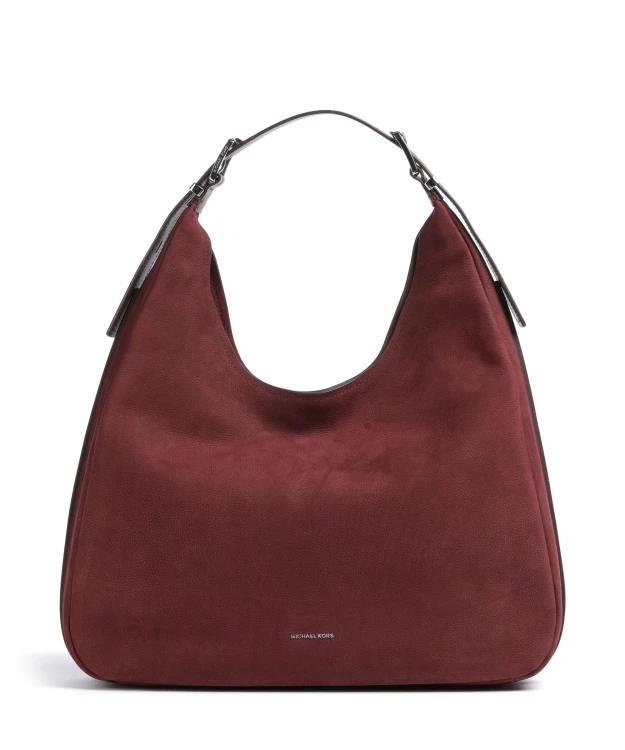 Michael Kors Nolita Large Hobo Shoulder Bag w kolorze Oxblood, ciemnoczerwona skórzana torebka na ramię ze srebrnymi okuciami